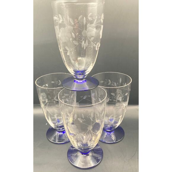 VTG Weston Etched Glasses with Cobalt Blue Bases (4) Juice Water Tumblers - Picture 1 of 8